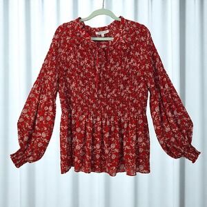 Rose+Olive Floral Blouse Woman XL Smocked Long Sleeve Top Red White Cottagecore